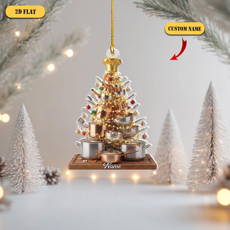 Personalized Chef Christmas Tree 2D Flat Acrylic Ornament, Custom Name Cooking Gift, Unique Holiday Kitchen Xmas Decoration for Food Lovers