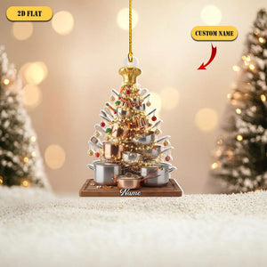 Personalized Chef Christmas Tree 2D Flat Acrylic Ornament, Custom Name Cooking Gift, Unique Holiday Kitchen Xmas Decoration for Food Lovers