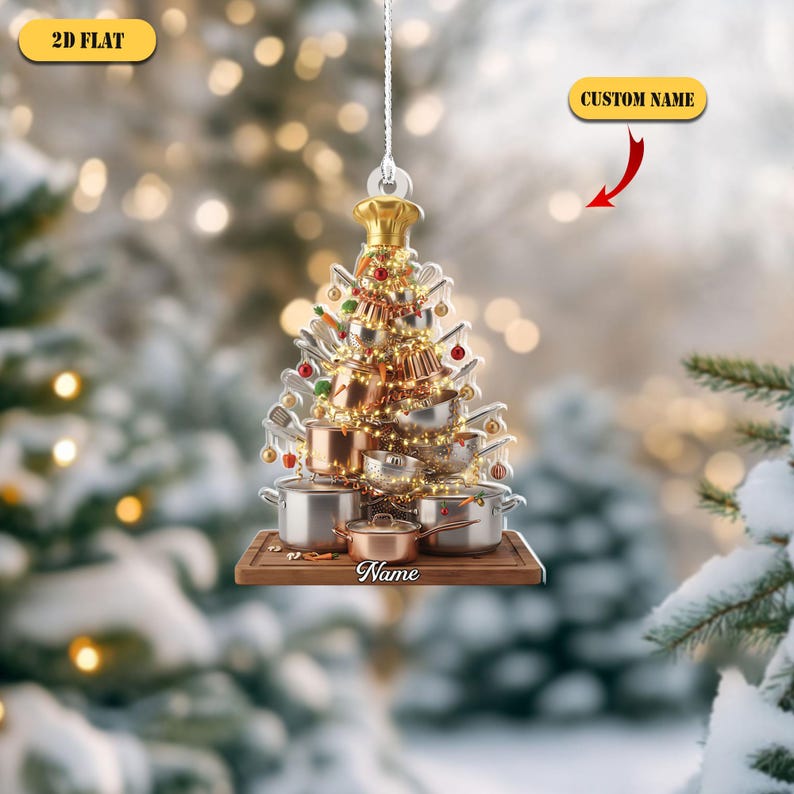 Personalized Chef Christmas Tree 2D Flat Acrylic Ornament, Custom Name Cooking Gift, Unique Holiday Kitchen Xmas Decoration for Food Lovers