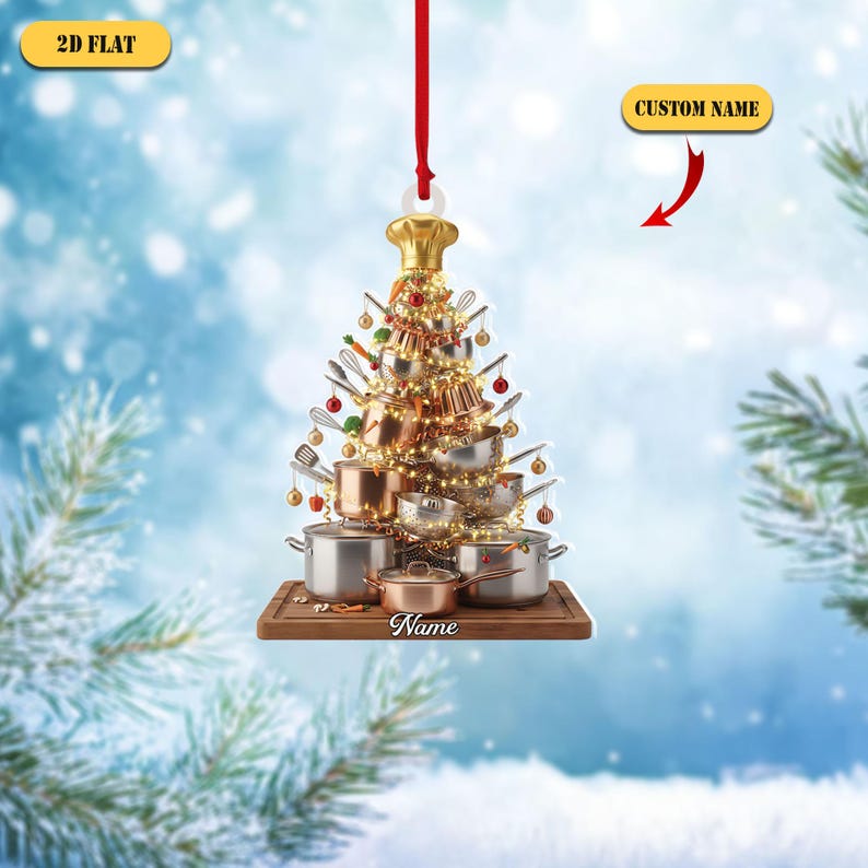 Personalized Chef Christmas Tree 2D Flat Acrylic Ornament, Custom Name Cooking Gift, Unique Holiday Kitchen Xmas Decoration for Food Lovers