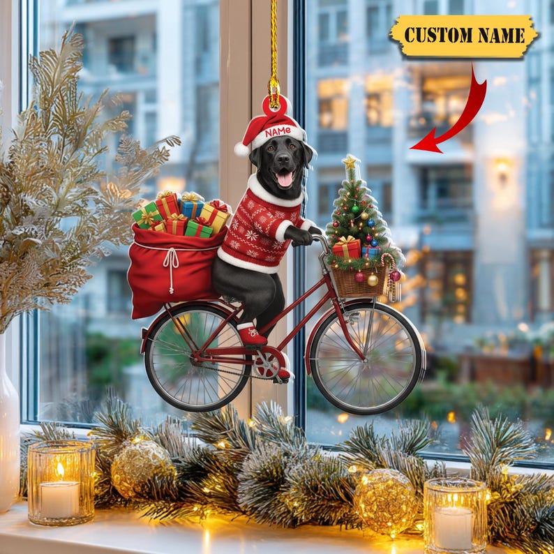 Personalized Black Labrador on Bike Ornament Custom Name 2D Flat Acrylic Christmas Decoration with Gifts & Tree, Dog Lover Gift 2025