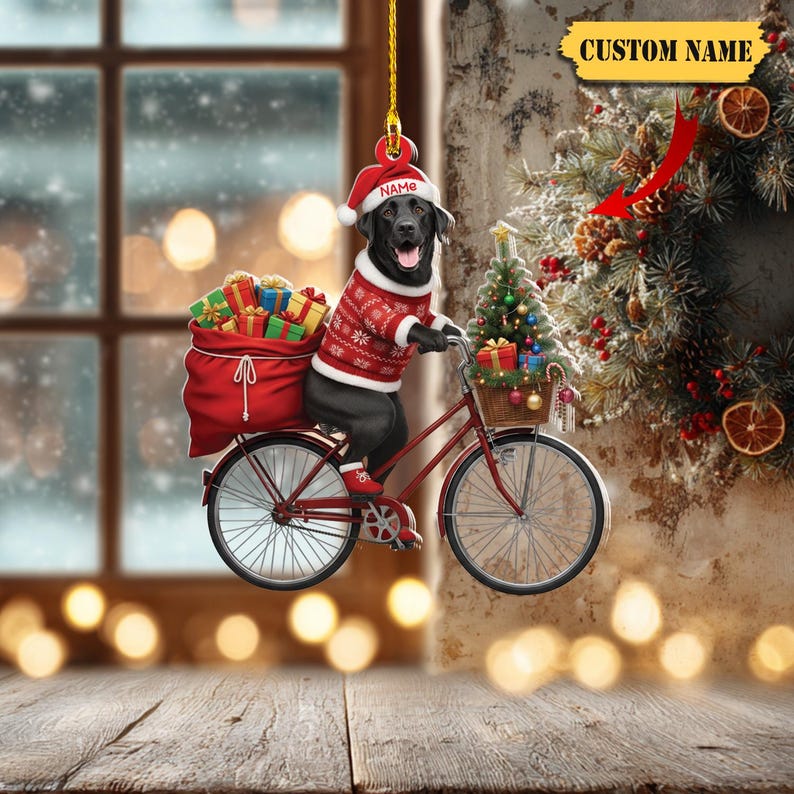 Personalized Black Labrador on Bike Ornament Custom Name 2D Flat Acrylic Christmas Decoration with Gifts & Tree, Dog Lover Gift 2025