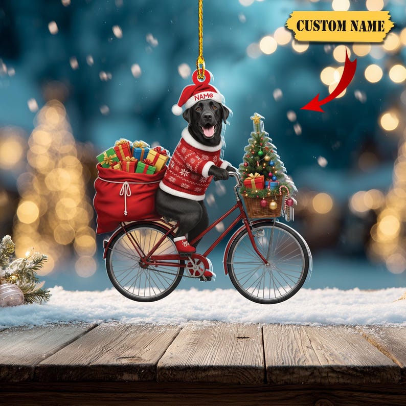 Personalized Black Labrador on Bike Ornament Custom Name 2D Flat Acrylic Christmas Decoration with Gifts & Tree, Dog Lover Gift 2025