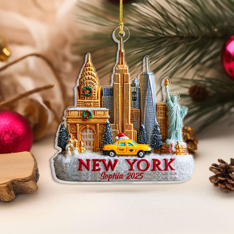 Custom Name New York 2D FLAT Acrylic Ornament, Empire State Building Ornament, Personalized NYC Souvenir for Travelers