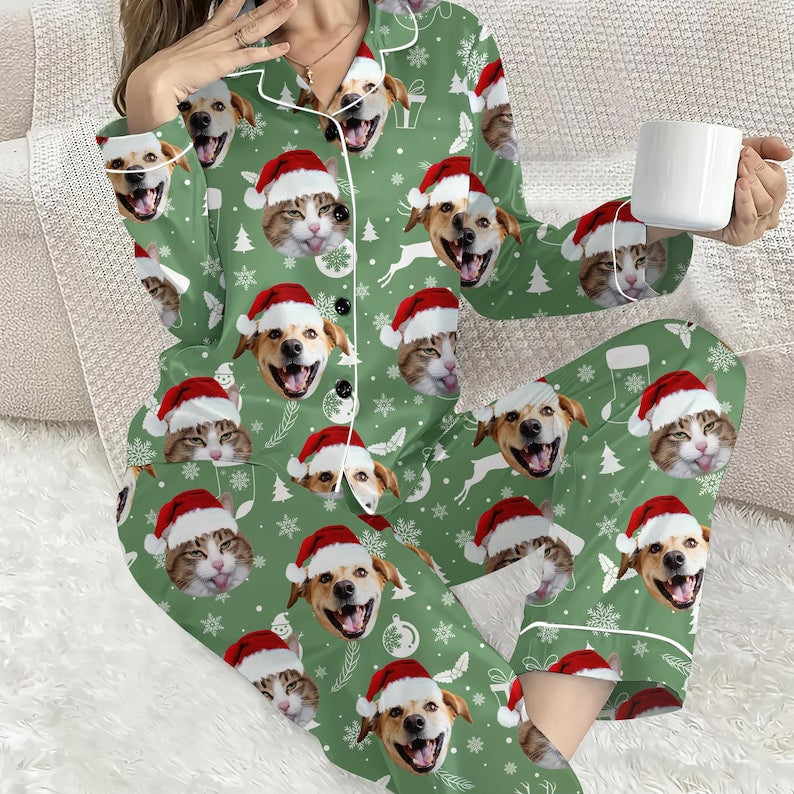 CUSTOM Christmas Dog Cat Pajama Set, Funny Pet Face Holiday Sleepwear, Puppy Kitty Pet Christmas PJs, Matching Family Pajamas Gift