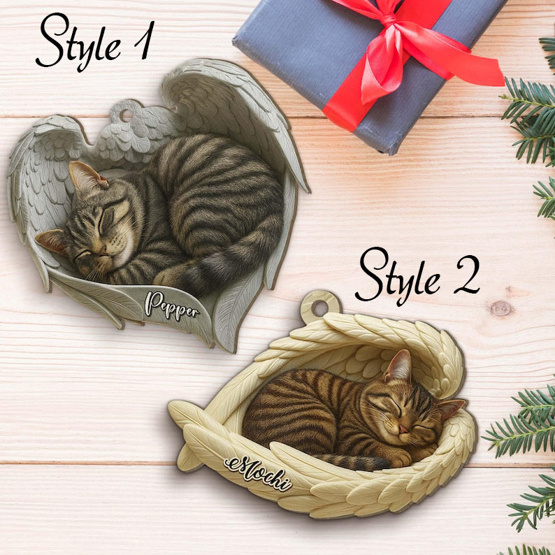 Personalized Tabby Cat Sleeping Angel Wings 2D Flat Wooden Ornament, Tabby Cat Christmas Ornament Gift, Cat Ornament, Gift For Pet Lovers