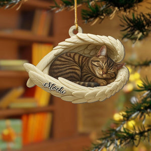 Personalized Tabby Cat Sleeping Angel Wings 2D Flat Wooden Ornament, Tabby Cat Christmas Ornament Gift, Cat Ornament, Gift For Pet Lovers