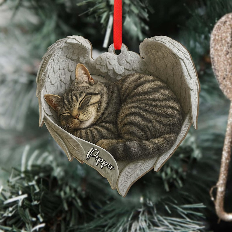 Personalized Tabby Cat Sleeping Angel Wings 2D Flat Wooden Ornament, Tabby Cat Christmas Ornament Gift, Cat Ornament, Gift For Pet Lovers