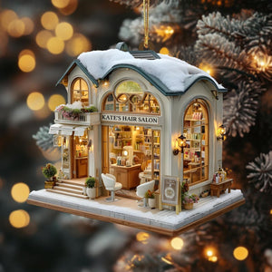 Custom Name Hair Salon Christmas Ornament, Personalized Stylist Shop with Snowy Roof & Lights, Custom Name Year Gift,Xmas Village Decor 2025