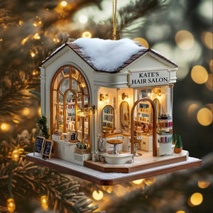 Custom Name Hair Salon Christmas Ornament, Personalized Stylist Shop with Snowy Roof & Lights, Custom Name Year Gift,Xmas Village Decor 2025