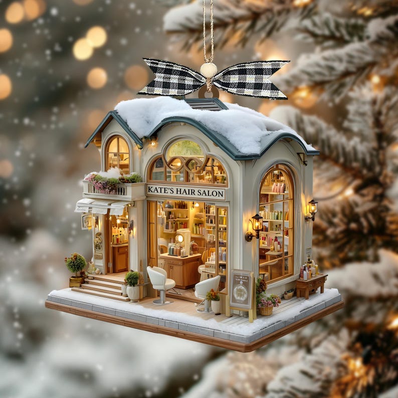 Custom Name Hair Salon Christmas Ornament, Personalized Stylist Shop with Snowy Roof & Lights, Custom Name Year Gift,Xmas Village Decor 2025