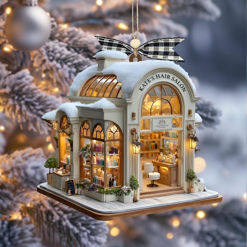 Custom Name Hair Salon Christmas Ornament, Personalized Stylist Shop with Snowy Roof & Lights, Custom Name Year Gift,Xmas Village Decor 2025