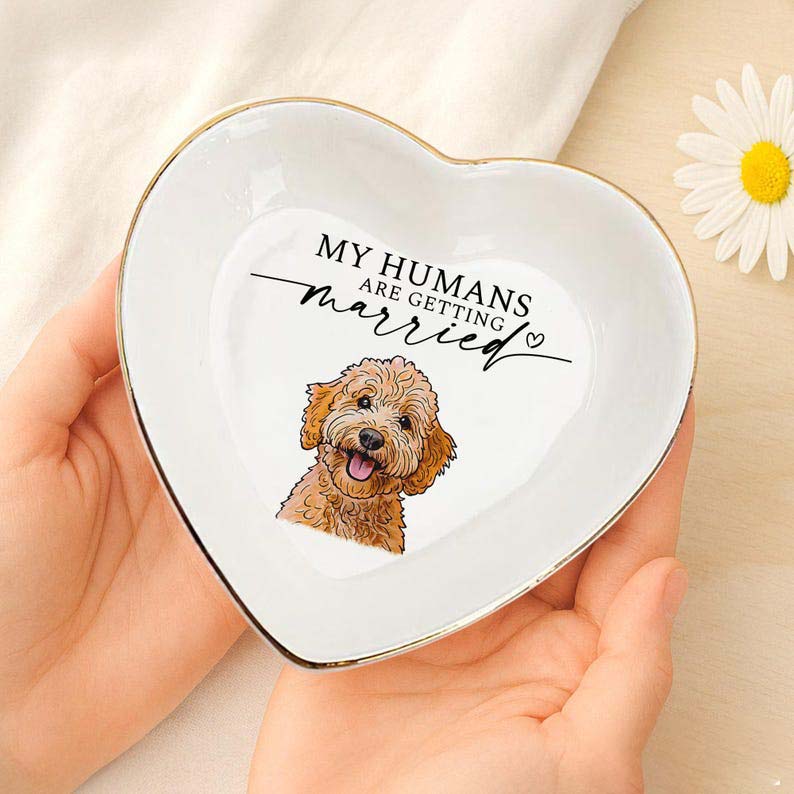 Custom Dog Cat Photo Ring Dish, Engagement Gift For Her, Personalized Pet Portrait Jewelry Trinket Dish, My Humans Are Getting Married