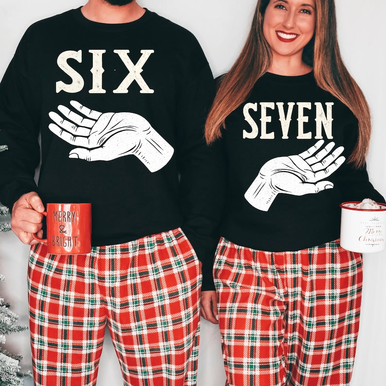Six Seven Christmas SweatShirt Funny Couples Holiday Tees Trendy 6 7 Meme Outfit Matching Xmas Pajama Top