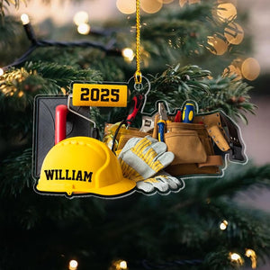 Personalized Construction Worker Ornament, Custom Builder Hard Hat Ornament, Handyman Tool Belt Gift for Builders, Engineers & Contractors