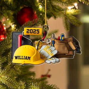 Personalized Construction Worker Ornament, Custom Builder Hard Hat Ornament, Handyman Tool Belt Gift for Builders, Engineers & Contractors