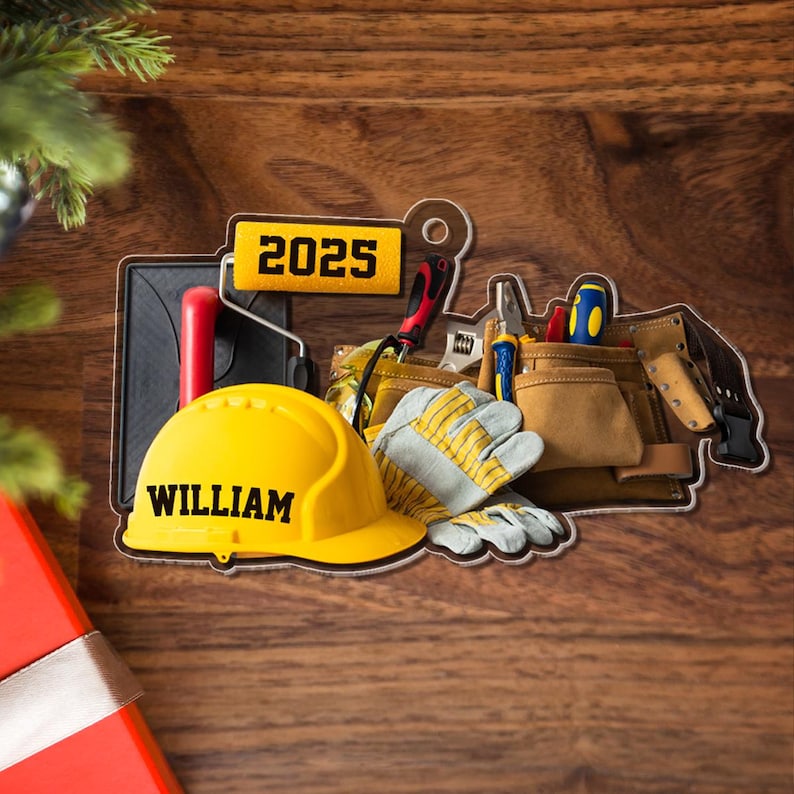 Personalized Construction Worker Ornament, Custom Builder Hard Hat Ornament, Handyman Tool Belt Gift for Builders, Engineers & Contractors