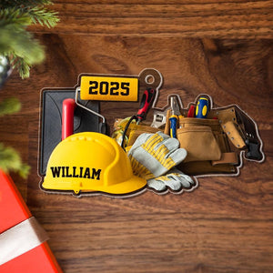 Personalized Construction Worker Ornament, Custom Builder Hard Hat Ornament, Handyman Tool Belt Gift for Builders, Engineers & Contractors