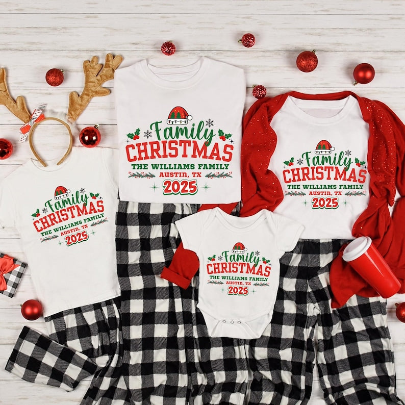 Custom Family Christmas Shirt 2025 | Personalized Matching Holiday Tees With Name | Cute Xmas Outfit Idea For Family & Friends