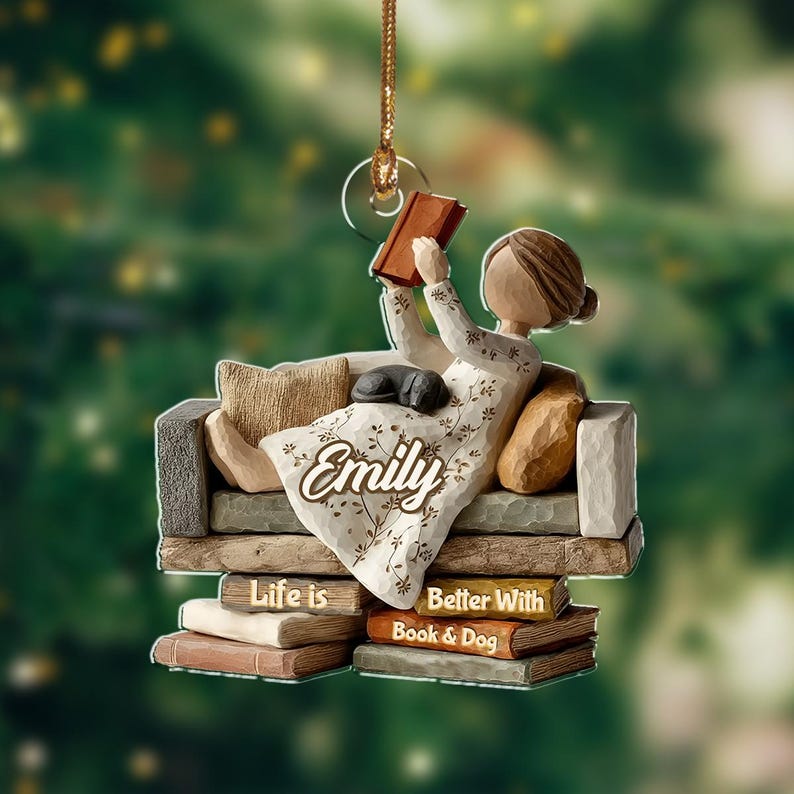 Just A Girl Who Loves Book n Dog 2D Acrylic Ornament, Bookish Christmas Ornaments, Book Lovers Ornament, Gift For Reader, Christmas Gifts
