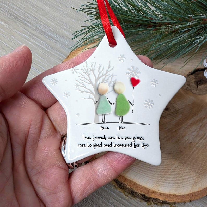True Friends Are Like Sea Glass Ceramic Ornament, Personalized Keepsake for Best Friend, Unique Friendship Gift, Tree Decoration for Bestie