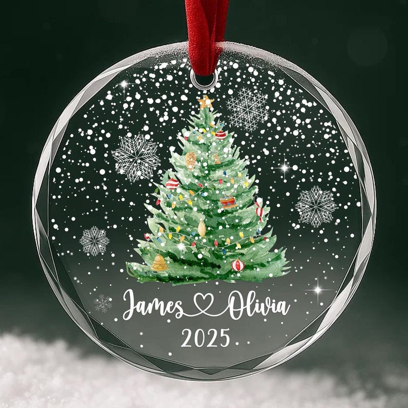 Personalized Christmas Tree Ornament Custom Couple Names & Year Heart Glass Snowflake Holiday Keepsake