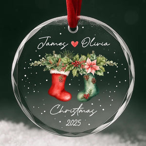 Personalized Christmas Stocking Ornament Custom Names & Year Romantic Couple Holiday Keepsake Handcrafted Glass Tree Decoration