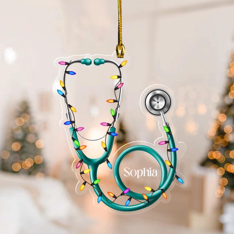 Stethoscope Ornament, Heart Shape Acrylic Xmas Tree Decor, Personalized Christmas Gift, Ideal Gift for Doctors Nurses Healthcare