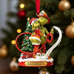 Funny Firefighter Green Monster Acrylic Ornament, Personalized Couple Christmas Gift, Custom Holiday Decoration
