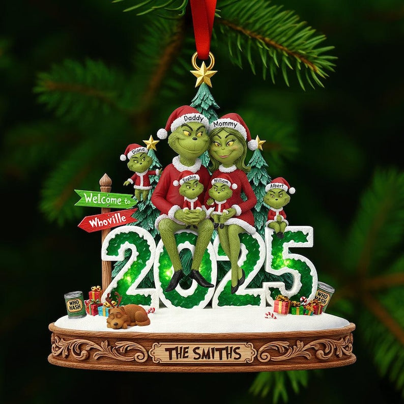 Personalized Green Monster Family Ornament, Funny Acrylic Holiday Decor