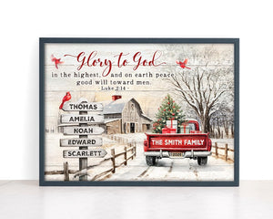 Personalized Family Christmas Canvas Wall Art, Glory To God In The Highest Wall Art 2025, Custom Name Red Truck Print, Family Name Canvas
