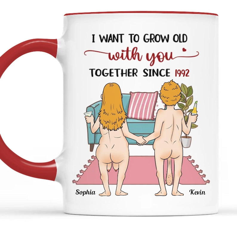 Funny Couple Mug - Personalized Naked Cartoon Mug, Grow Old With You Custom Gift For Husband Wife, Anniversary Or Valentine s Gift
