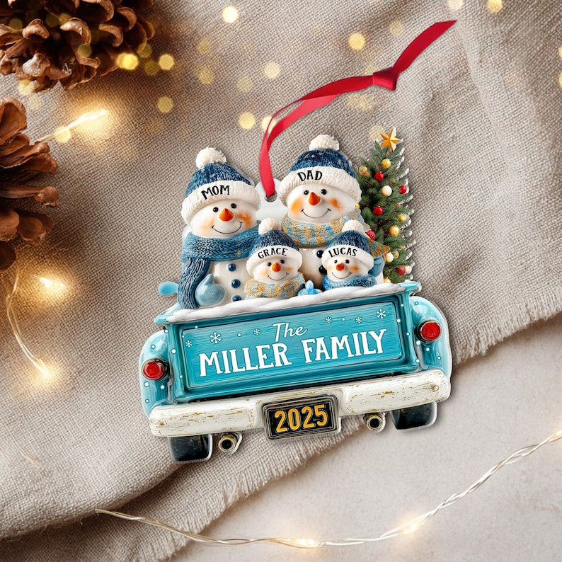 Personalized Snowman Family Ornament, Custom Family Of 3 4 5 6 Christmas Ornament, Red Truck Christmas Ornament, Christmas Tree Decor