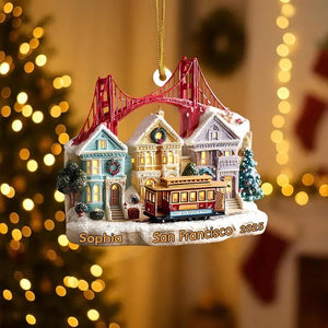 Personalized 2D FLAT (NOT 3D) acrylic San Francisco Ornament, Golden Gate Bridge & Cable Car Christmas Decor, Custom Name and Year