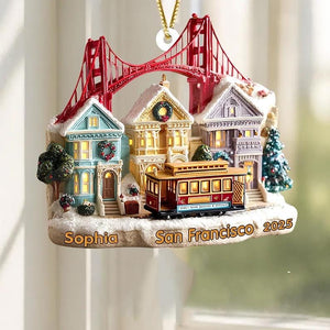 Personalized 2D FLAT (NOT 3D) acrylic San Francisco Ornament, Golden Gate Bridge & Cable Car Christmas Decor, Custom Name and Year