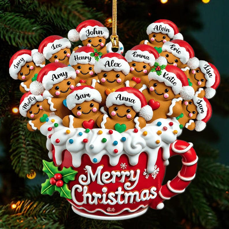 Personalized Gingerbread Family Mug Ornament, Custom Name Merry Christmas Ornament 2025, Large Family Keepsake, Cute Holiday Gift