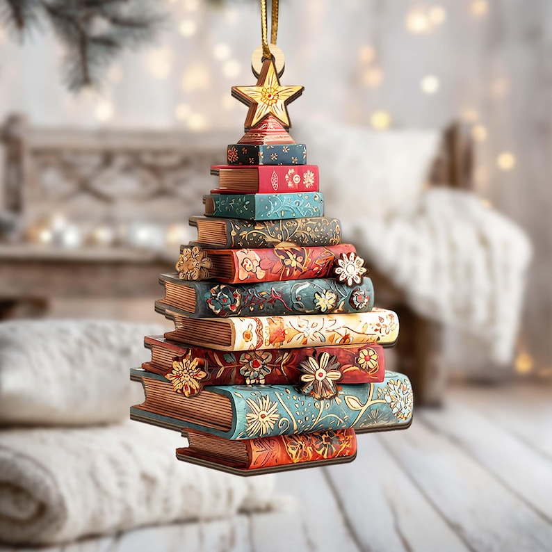Christmas Book Tree Wood Ornament Custom Name, Christmas Tree Book Gift, Book Lover Gift, Book Club Ornament, Bookish Ornament, Book Exchange Gifts