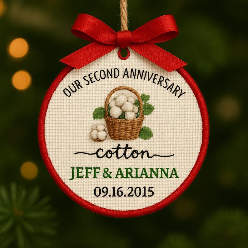 Personalized 2nd Anniversary Ornament: Embroidered Cotton Wedding Gift