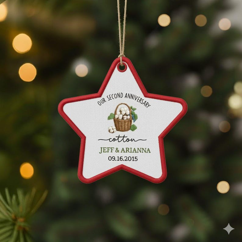 Personalized 2nd Anniversary Ornament: Embroidered Cotton Wedding Gift