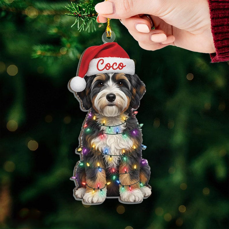 Custom Name Bernedoodle With Santa Hat Christmas Lights Ornament, Personalized Pet Name Decoration, Christmas Tree Decor, Christmas Ornament