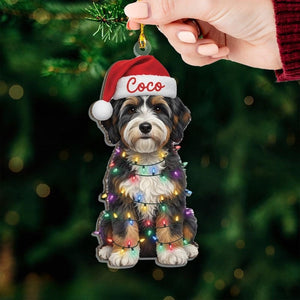 Custom Name Bernedoodle With Santa Hat Christmas Lights Ornament, Personalized Pet Name Decoration, Christmas Tree Decor, Christmas Ornament