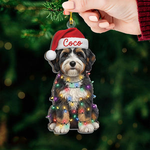 Custom Name Bernedoodle With Santa Hat Christmas Lights Ornament, Personalized Pet Name Decoration, Christmas Tree Decor, Christmas Ornament