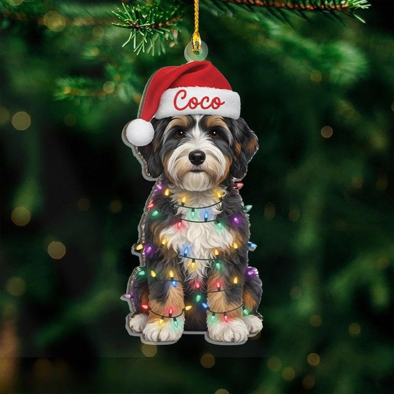 Custom Name Bernedoodle With Santa Hat Christmas Lights Ornament, Personalized Pet Name Decoration, Christmas Tree Decor, Christmas Ornament
