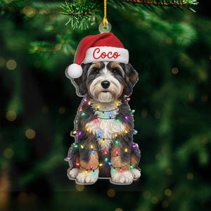 Custom Name Bernedoodle With Santa Hat Christmas Lights Ornament, Personalized Pet Name Decoration, Christmas Tree Decor, Christmas Ornament