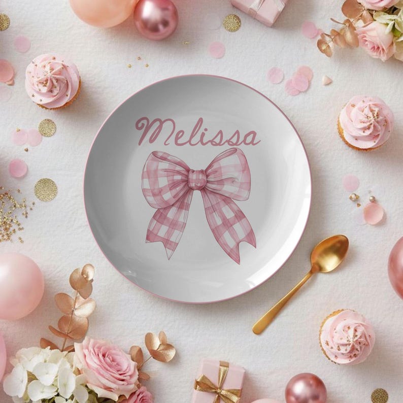 Personalized Coquette Bow Plate | Pink Christmas