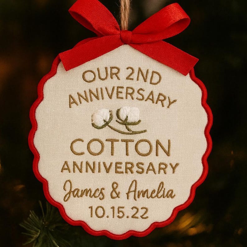 Personalized 2nd Anniversary Ornament: Embroidered Cotton Wedding Gift