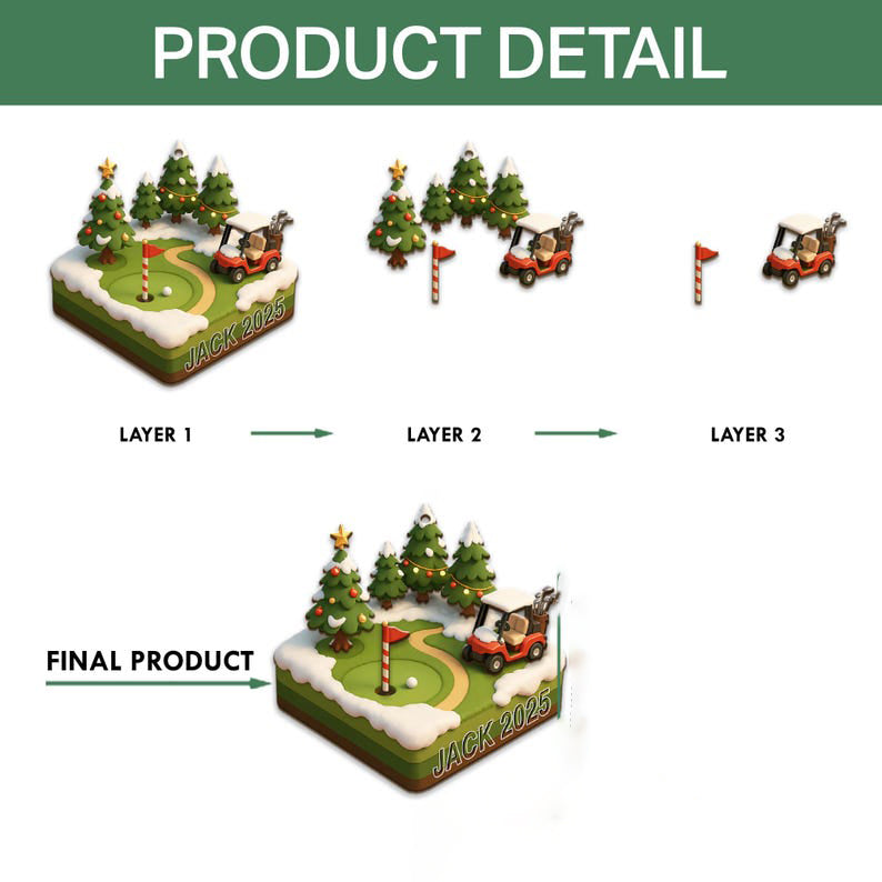 Golf Course 3 Layered Wooden Ornament, Golf Club Gift Christmas Ornament, Golf Cart Gift For Golf Lover, Golfer Gift, Golfer Dad Keepsake
