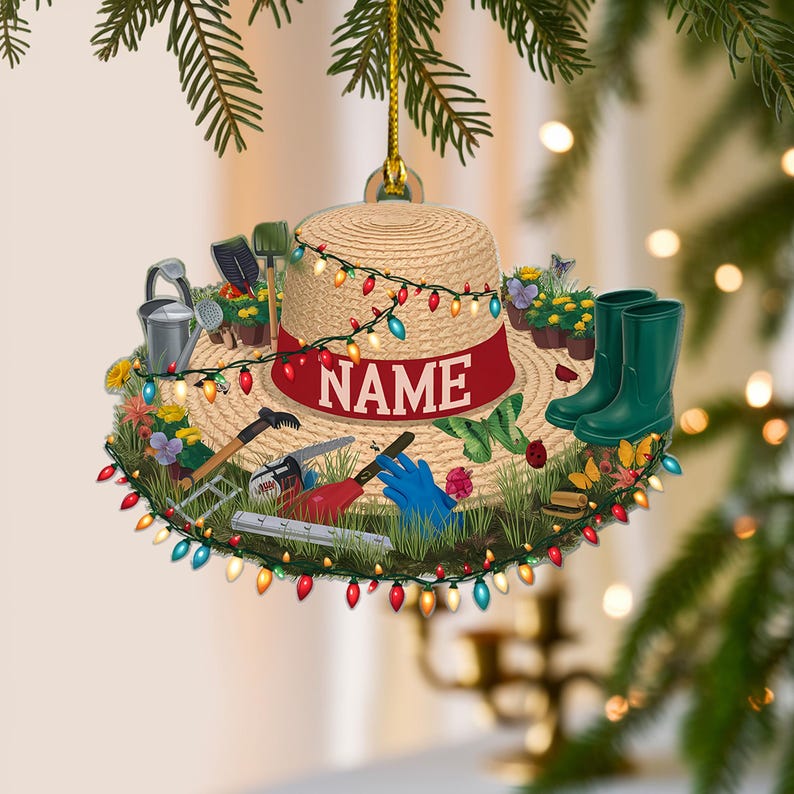 Gardener Hat Christmas Ornament Flat 2D Acrylic Tree Hanging Decor Personalized Garden Lover Gift with Tools and Flowers 2025