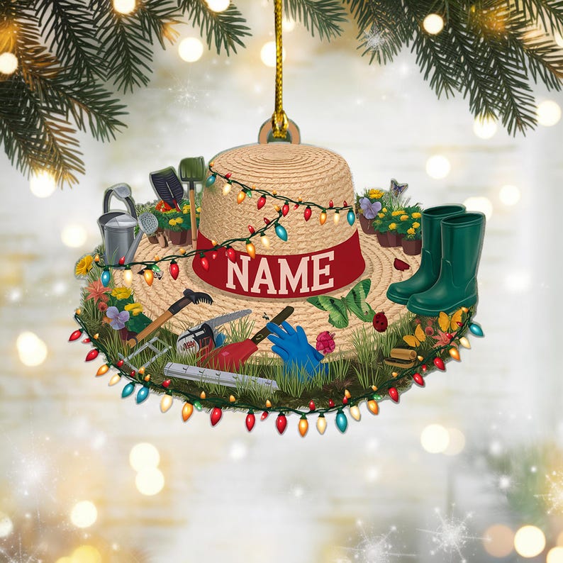 Gardener Hat Christmas Ornament Flat 2D Acrylic Tree Hanging Decor Personalized Garden Lover Gift with Tools and Flowers 2025