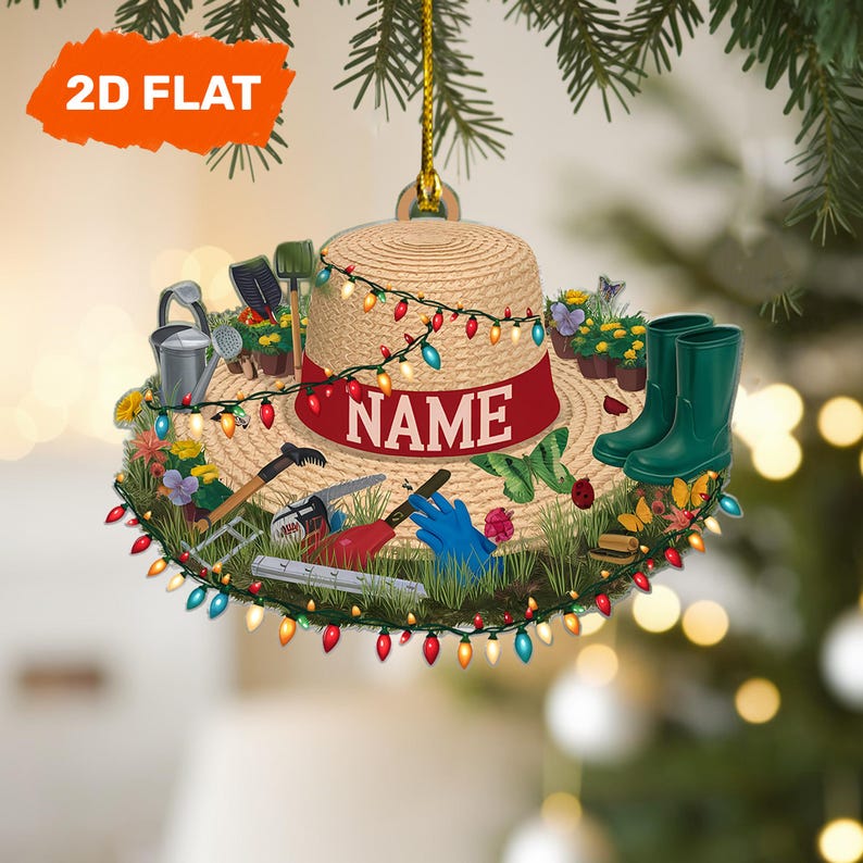 Gardener Hat Christmas Ornament Flat 2D Acrylic Tree Hanging Decor Personalized Garden Lover Gift with Tools and Flowers 2025